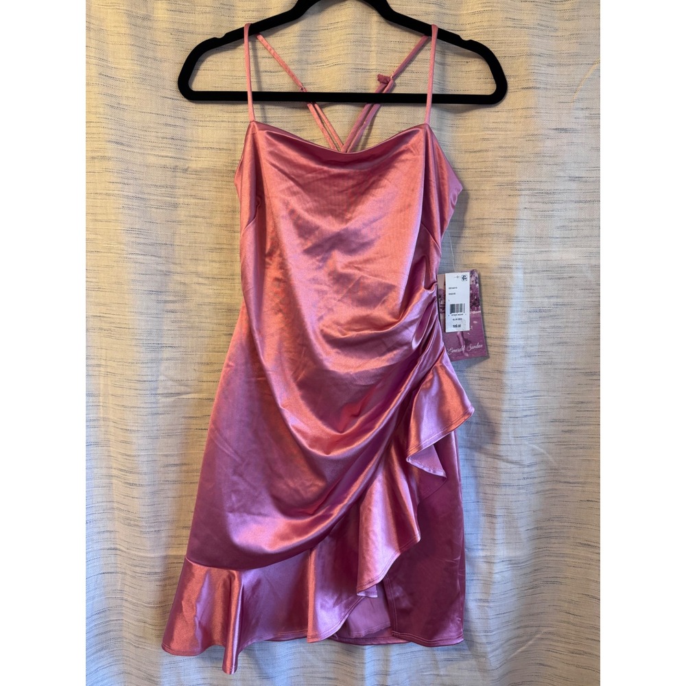 Emerald Sundae Mauve Satin Cowl Neck Ruffle Mini Dress GEX4310 Pink Large
